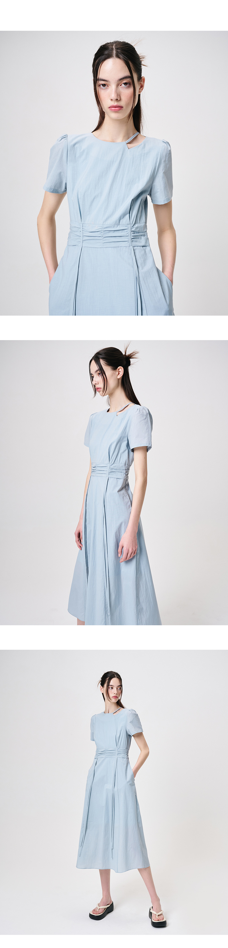 ワンピース ETMON Neck CutOut Shirring Dress, Sky Blue MUSINSA公式 | ETMON Neck Cut-Out Shirring Dress, Sky Blue