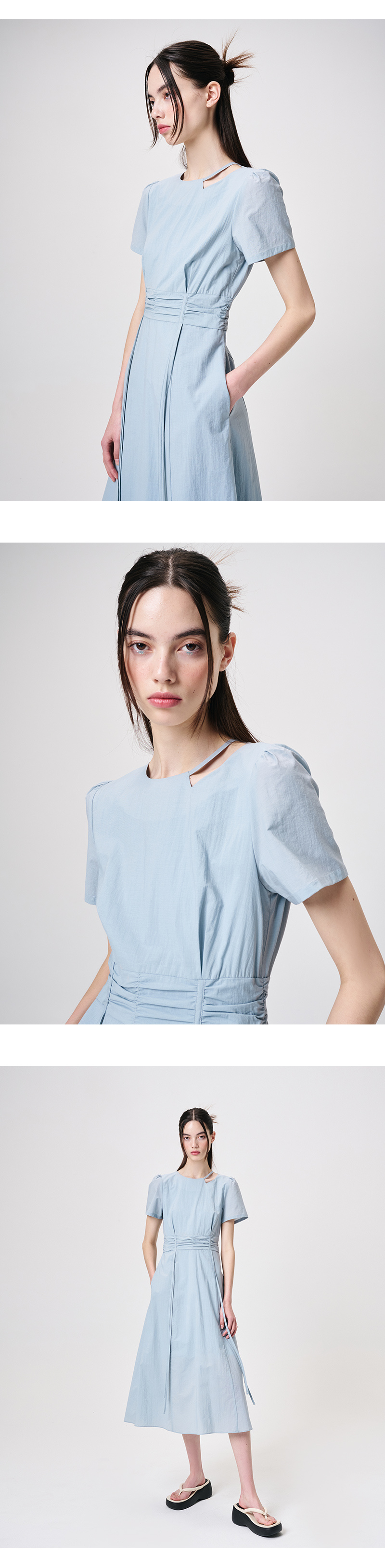 ワンピース ETMON Neck CutOut Shirring Dress, Sky Blue MUSINSA公式 | ETMON Neck Cut-Out Shirring Dress, Sky Blue