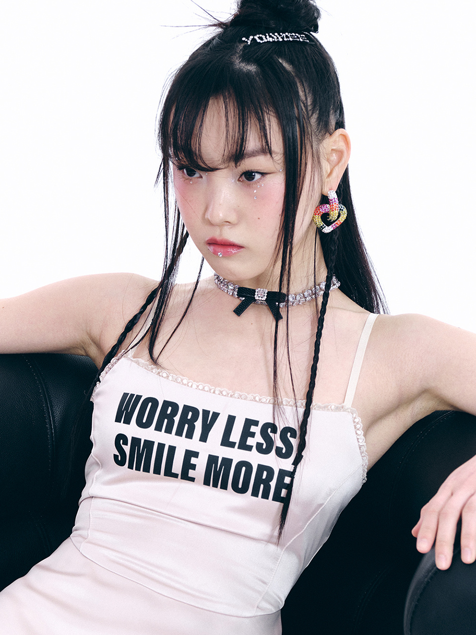 MUSINSA | YOUHEE LETTERING SATIN FLARE MINI DRESS IVORY