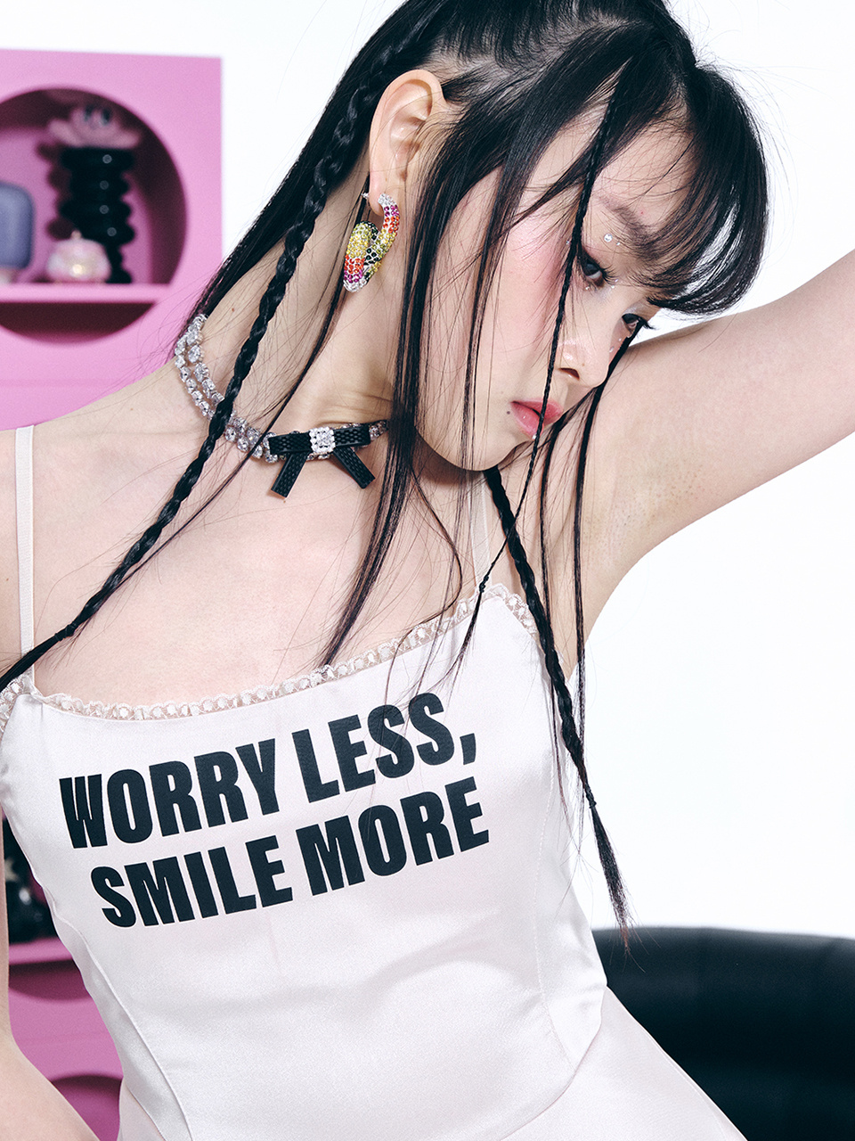 MUSINSA | YOUHEE LETTERING SATIN FLARE MINI DRESS IVORY