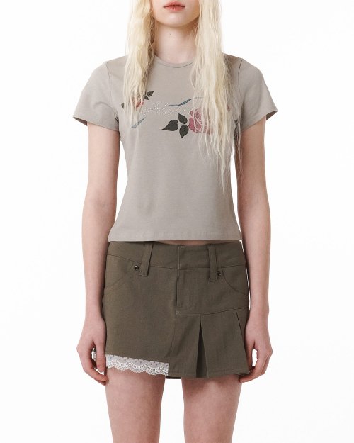 Half Pleated Mini Skirt (Khaki)