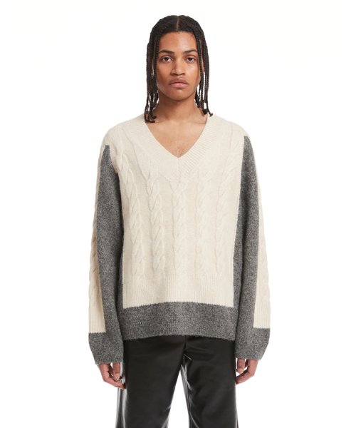 Grey V Neck Cable Knit Sweater