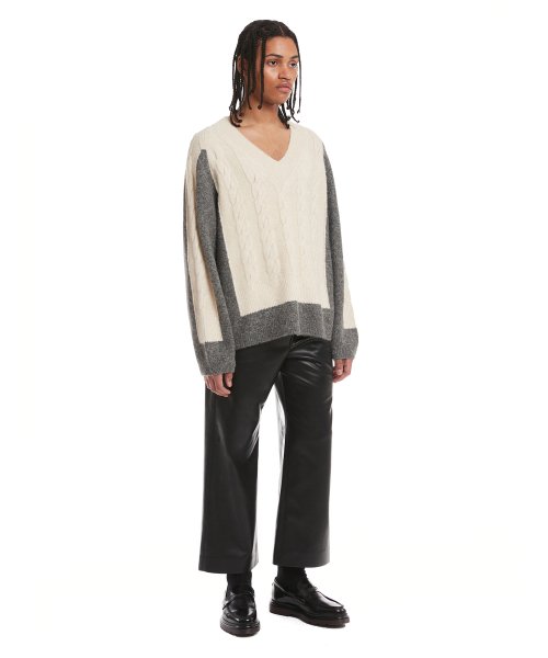 Grey V Neck Cable Knit Sweater