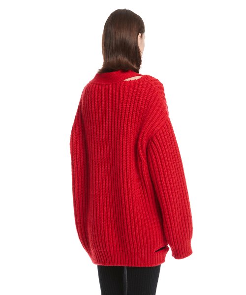 Red Destroyed Knit Cardigan