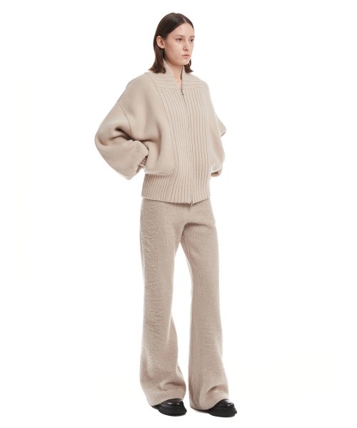 Beige Bomber Zip-Up Knit Cardigan