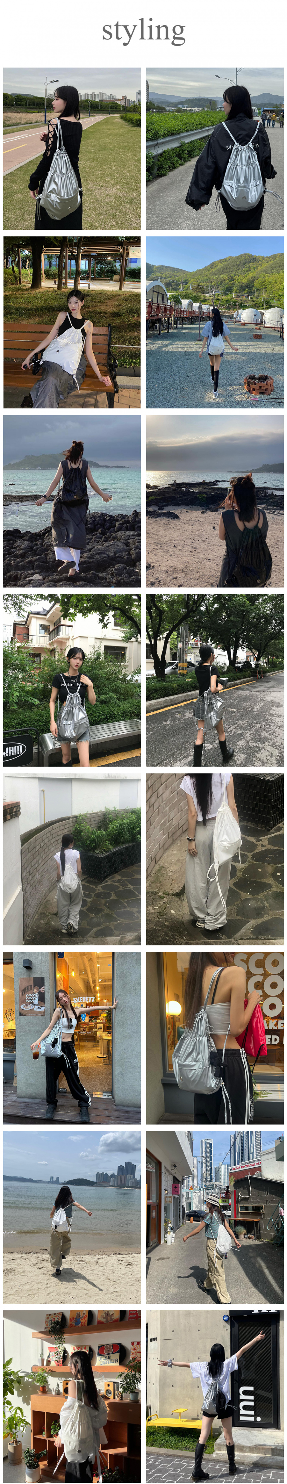 MUSINSA公式 | Don't Ask My Plan glossy string backpack silver