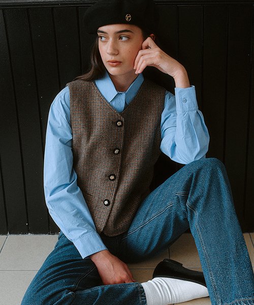 CHECK SINGLE VEST BEIGE