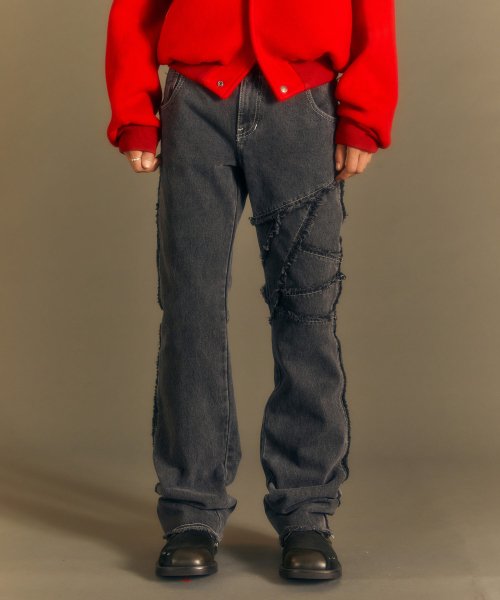 GHENTEL RAW-CUT FLARE JEANS apa686m(WASHED BLACK)