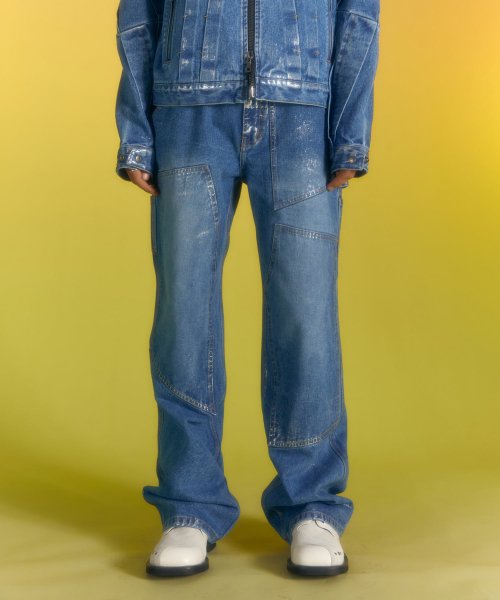 WAX COATED CARPENTER WIDE-LEG JEANS apa685m(BLUE)