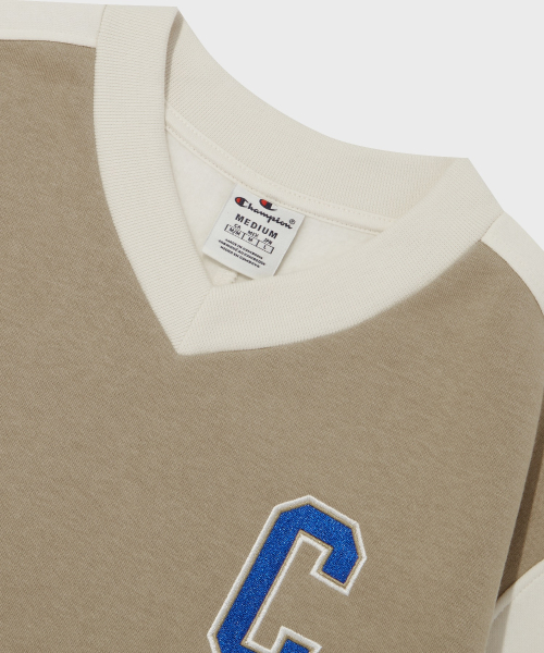 컬러 블록 브이넥 스웨트셔츠 Normal Beige