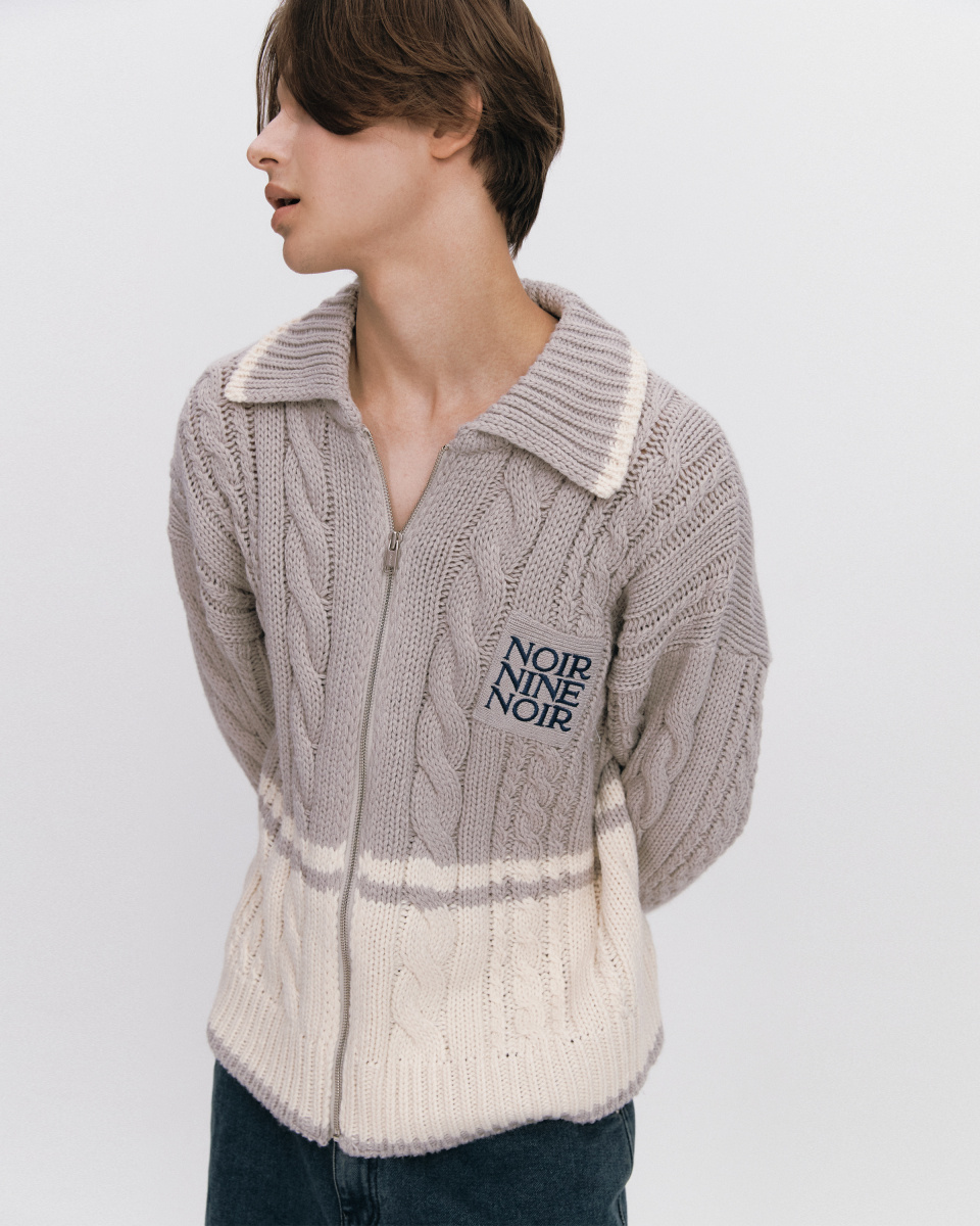 [누아르나인]UNISEX Logo Cable Knit Zip-Up [GREY] [W CONCEPT]
