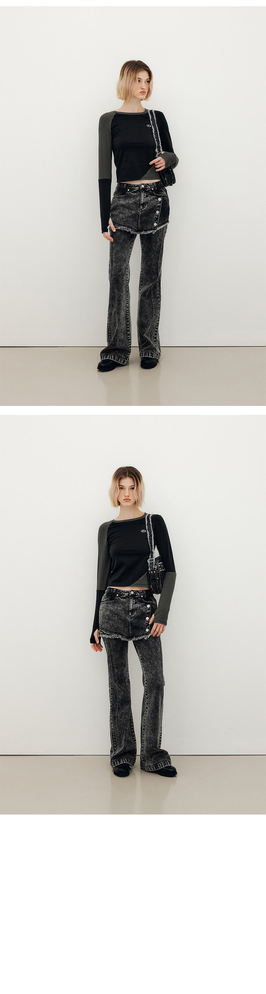 MUSINSA | YUSE SKIRT LAYERED BOOTS CUT DENIM PANTS - BLACK