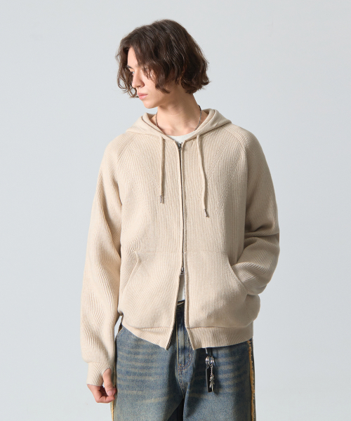 2WAY HEAVY WEIGHT HACHI KNIT HOODY ZIP-UP_OATMEAL