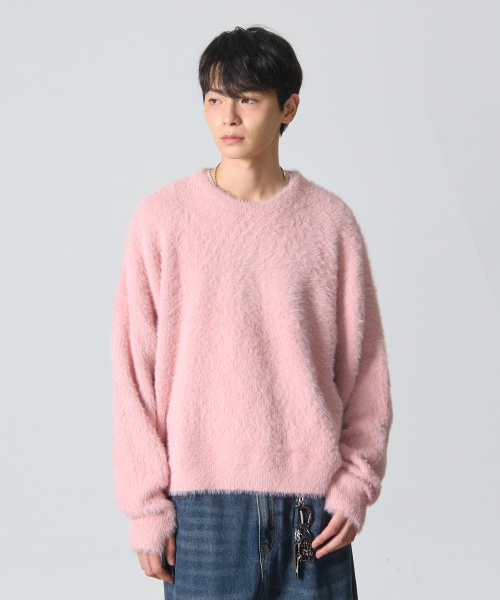 ESSENTIAL HAIRY ROUND NECK KNIT_PINK