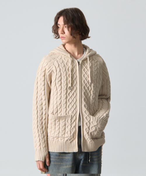 2WAY HEAVY WEIGHT CABLE KNIT HOODY ZIP-UP_OATMEAL