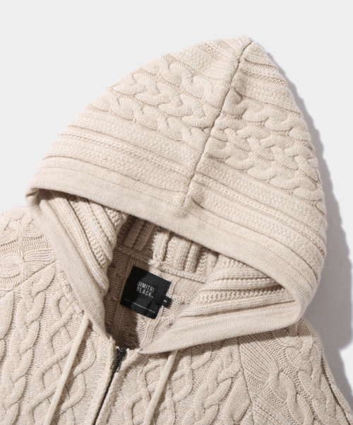 2WAY HEAVY WEIGHT CABLE KNIT HOODY ZIP-UP_OATMEAL