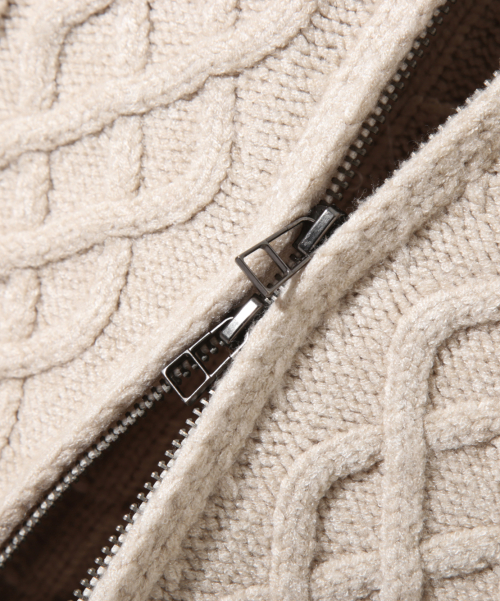 2WAY HEAVY WEIGHT CABLE KNIT HOODY ZIP-UP_OATMEAL