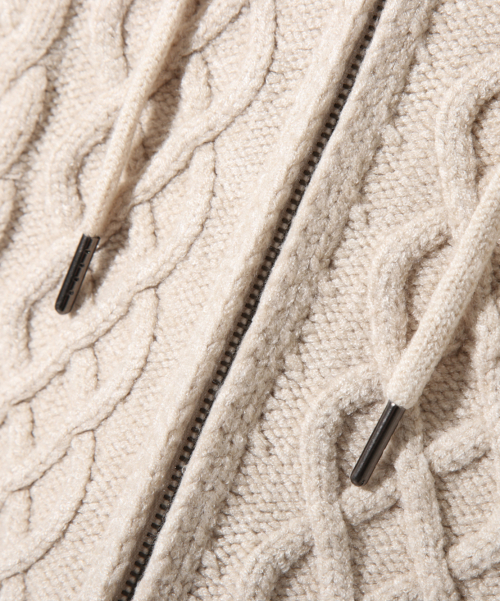 2WAY HEAVY WEIGHT CABLE KNIT HOODY ZIP-UP_OATMEAL