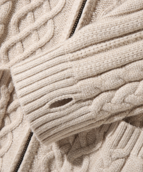 2WAY HEAVY WEIGHT CABLE KNIT HOODY ZIP-UP_OATMEAL