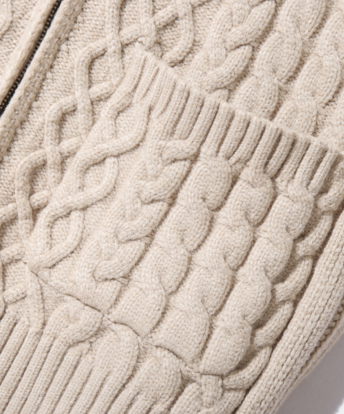 2WAY HEAVY WEIGHT CABLE KNIT HOODY ZIP-UP_OATMEAL