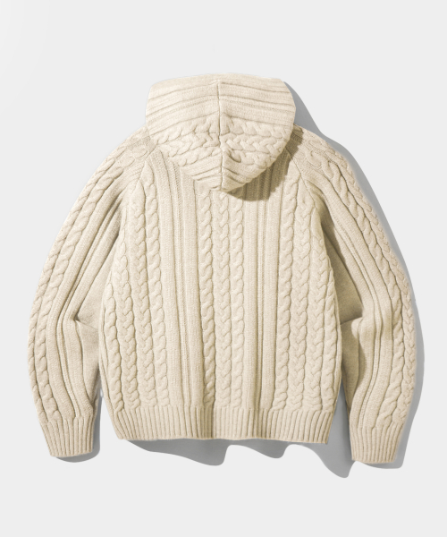 2WAY HEAVY WEIGHT CABLE KNIT HOODY ZIP-UP_OATMEAL