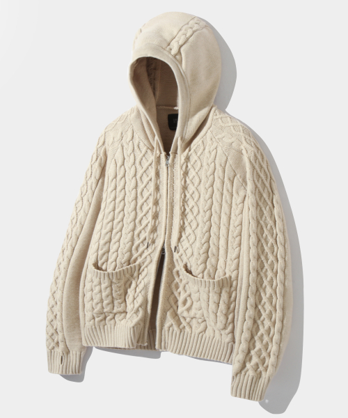 2WAY HEAVY WEIGHT CABLE KNIT HOODY ZIP-UP_OATMEAL