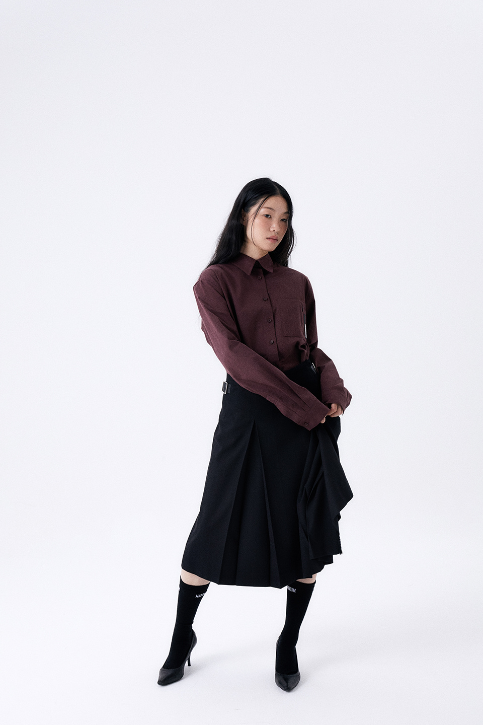 スカート HALOMINIUM Midi pleated wrap skirt MUSINSA公式 | HALOMINIUM Midi Pleated Wrap Skirt 2 / Black