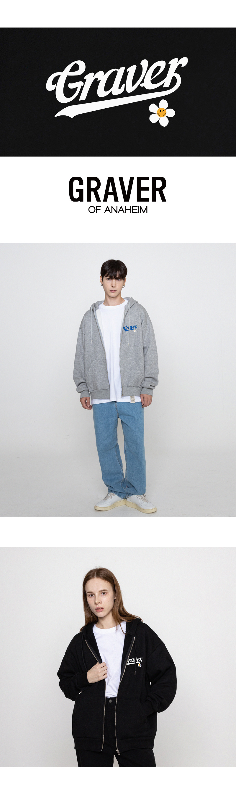 [GRAVER]★BASEBALL LOGO FLOWER SMILE HOODED ZIP UP MUSINSA | GRAVER [UNISEX] Baseball Logo Flower Smile Hooded