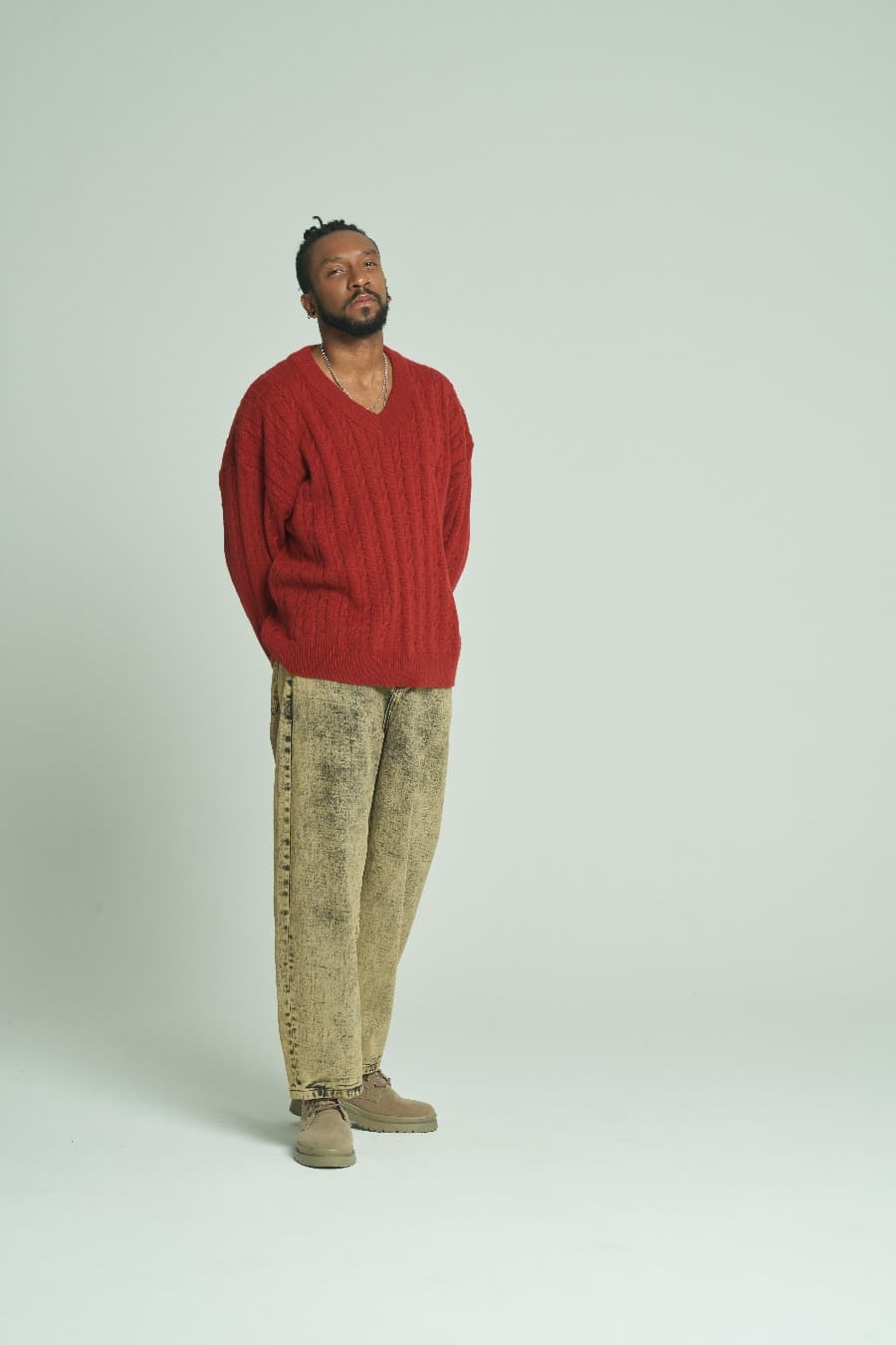 MUSINSA | TENER TNR Oversized Cable Knit Embroidered Deep V-Neck