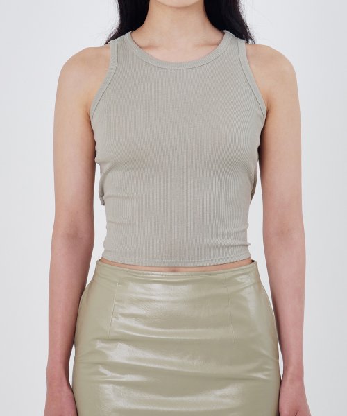 W Ribbed Cut Out Sleeveless, Light Olive