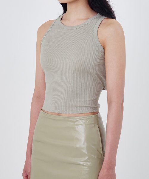 W Ribbed Cut Out Sleeveless, Light Olive