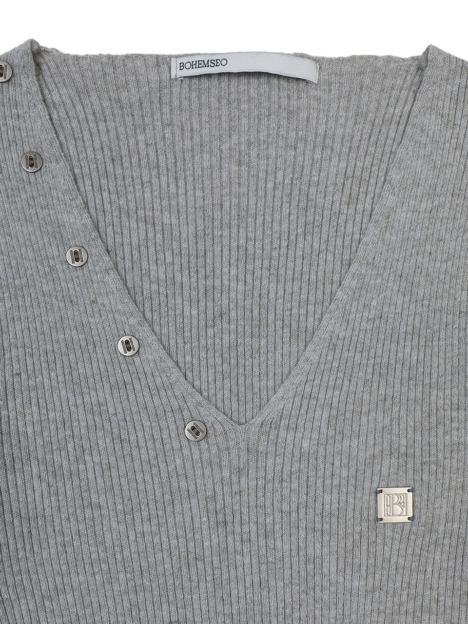 보헤미안 서울(BOHEMSEO) BUTTON V-NECK SLIT KNIT, MELANGE GRAY