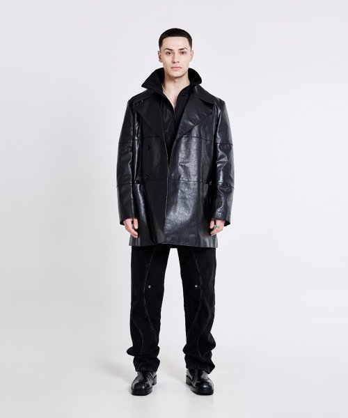 Double-breasted leather trench Jacket - Black