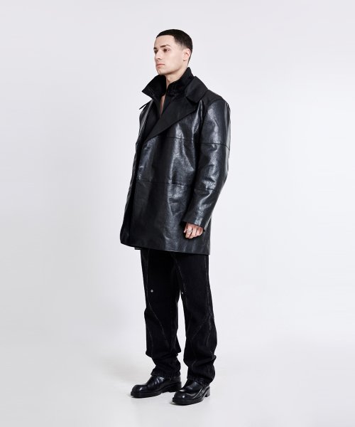 Double-breasted leather trench Jacket - Black