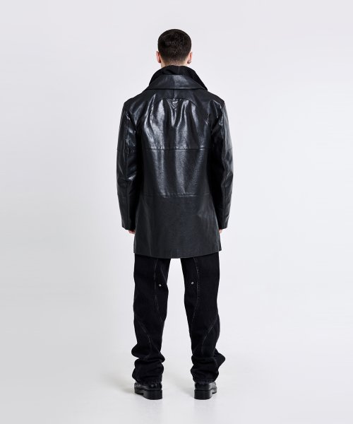 Double-breasted leather trench Jacket - Black