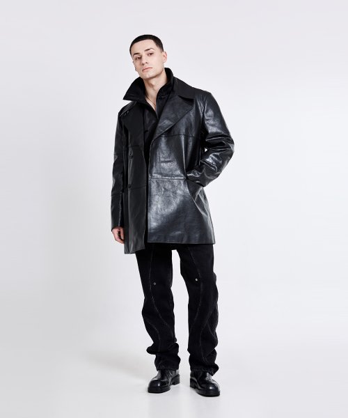Double-breasted leather trench Jacket - Black