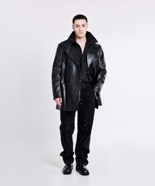Double-breasted leather trench Jacket - Black