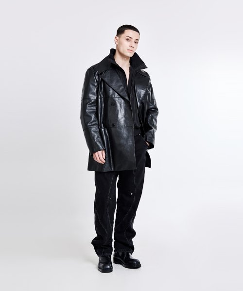 Double-breasted leather trench Jacket - Black