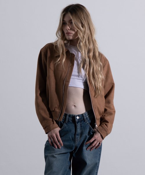 Vegan Two-way Blouson Suede Banding Jumper Jacket [BROWN]