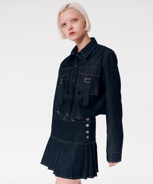NON-FADE BUCKLE POCKET DENIM SHIRT [BLACK]