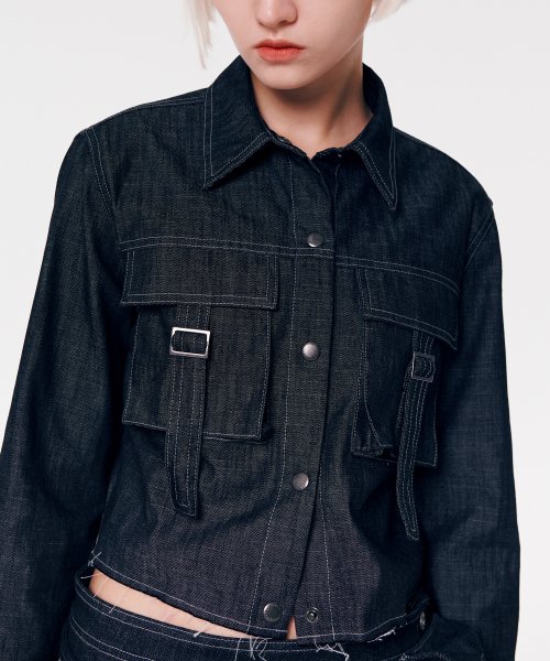 NON-FADE BUCKLE POCKET DENIM SHIRT [BLACK]