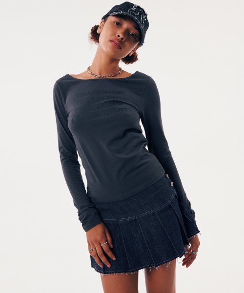 NON-FADE PLEATED DENIM SKIRT [DARK BLUE]