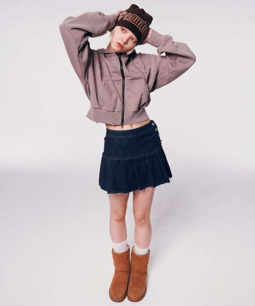 NON-FADE PLEATED DENIM SKIRT [DARK BLUE]