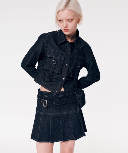 NON-FADE PLEATED DENIM SKIRT [BLACK]