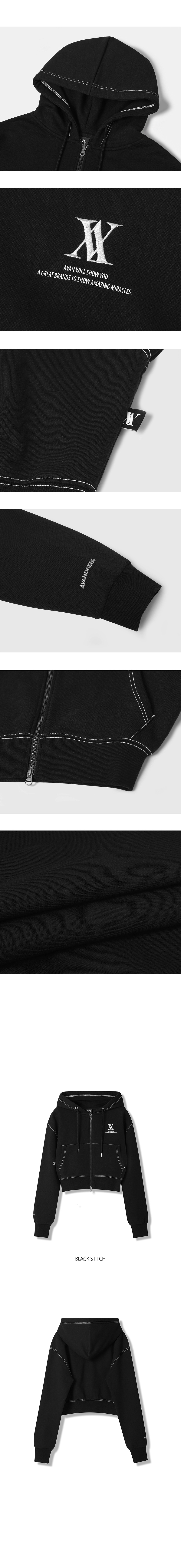[SET] AV LOGO CROP HOOD ZIP-UP & PANTS BLACK STITCH 상세 이미지 3