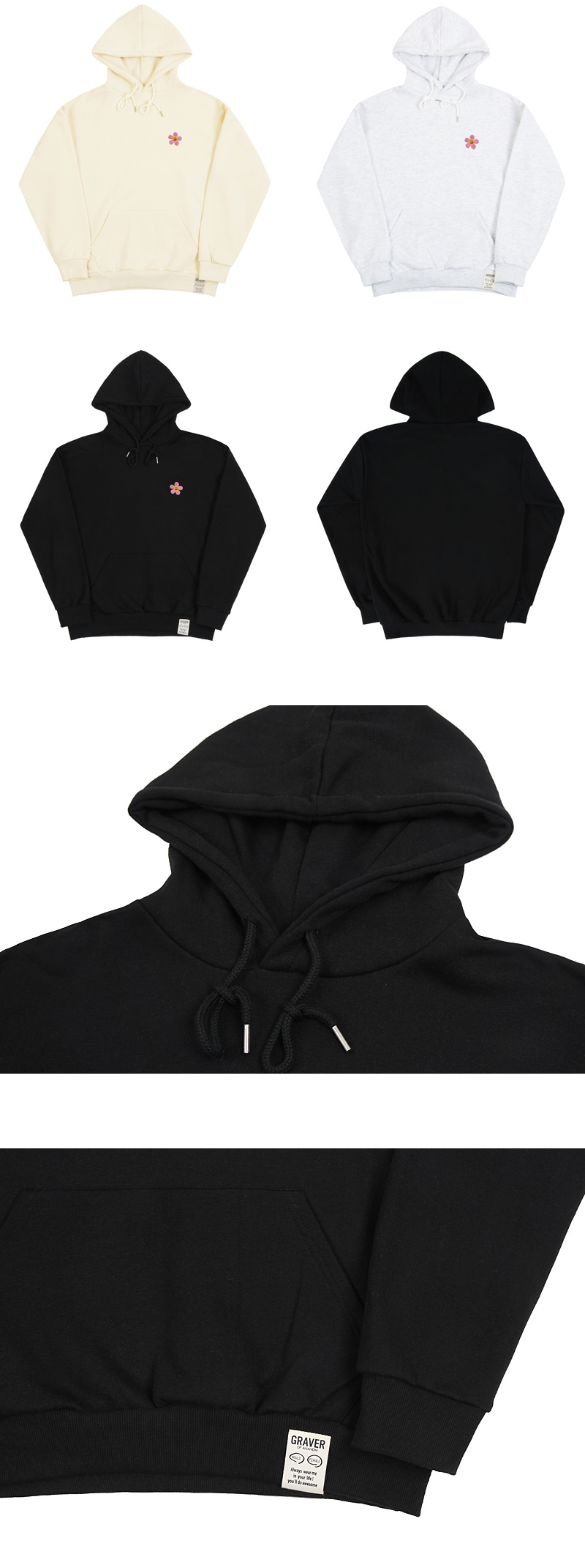 【GRAVER】23FW★ Pink Flower Smile Embroidery Hoodie UNISEX] Pink flower smile embroidery hoodie zip-up - GRAVER