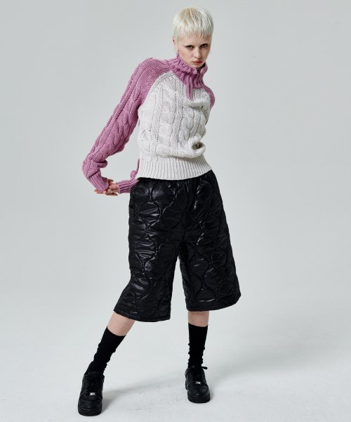 COLOR BLOCK TURTLENECK ZIP UP KNIT PULLOVER [PINK]