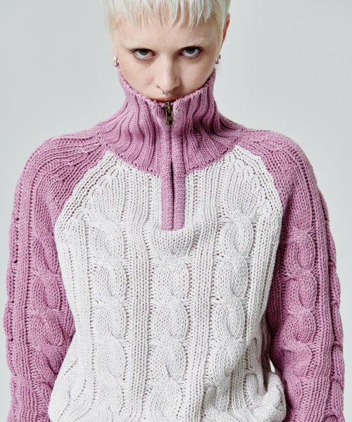 COLOR BLOCK TURTLENECK ZIP UP KNIT PULLOVER [PINK]