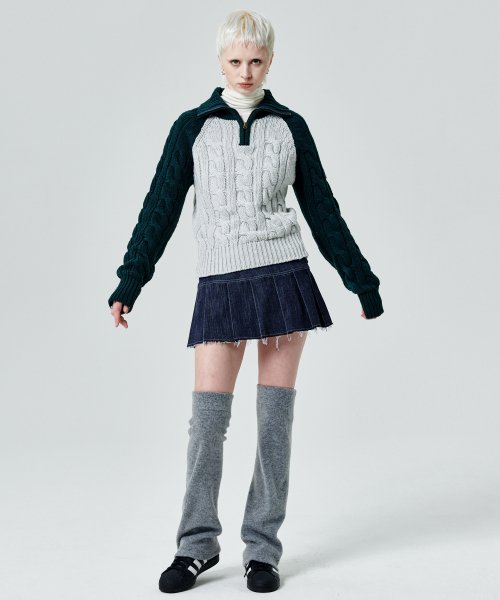 COLOR BLOCK TURTLENECK ZIP UP KNIT PULLOVER [GREEN]