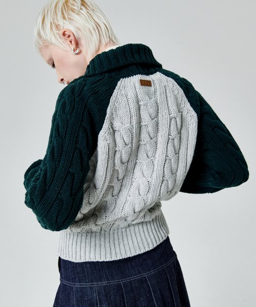 COLOR BLOCK TURTLENECK ZIP UP KNIT PULLOVER [GREEN]